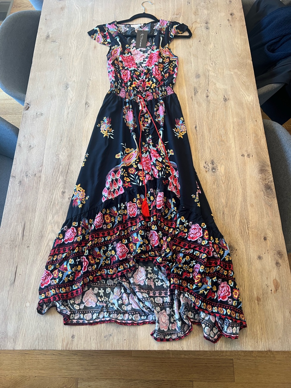 R. Vivimos NWT Black Floral Peacock Boho Maxi Dress S 4/6